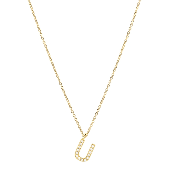 Gold Dipped U Monogram Pendant Chain Necklace Initial Charm CZ Casual Rhinestone - Picture 2 of 2